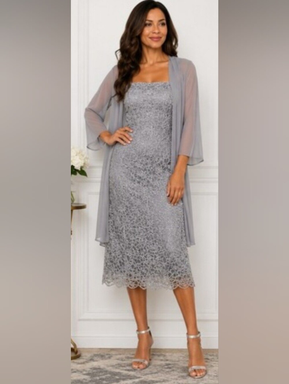 R&M Collection Silver Beaded Lace Dress & Sheer Jacket Set Size 14 Elegant